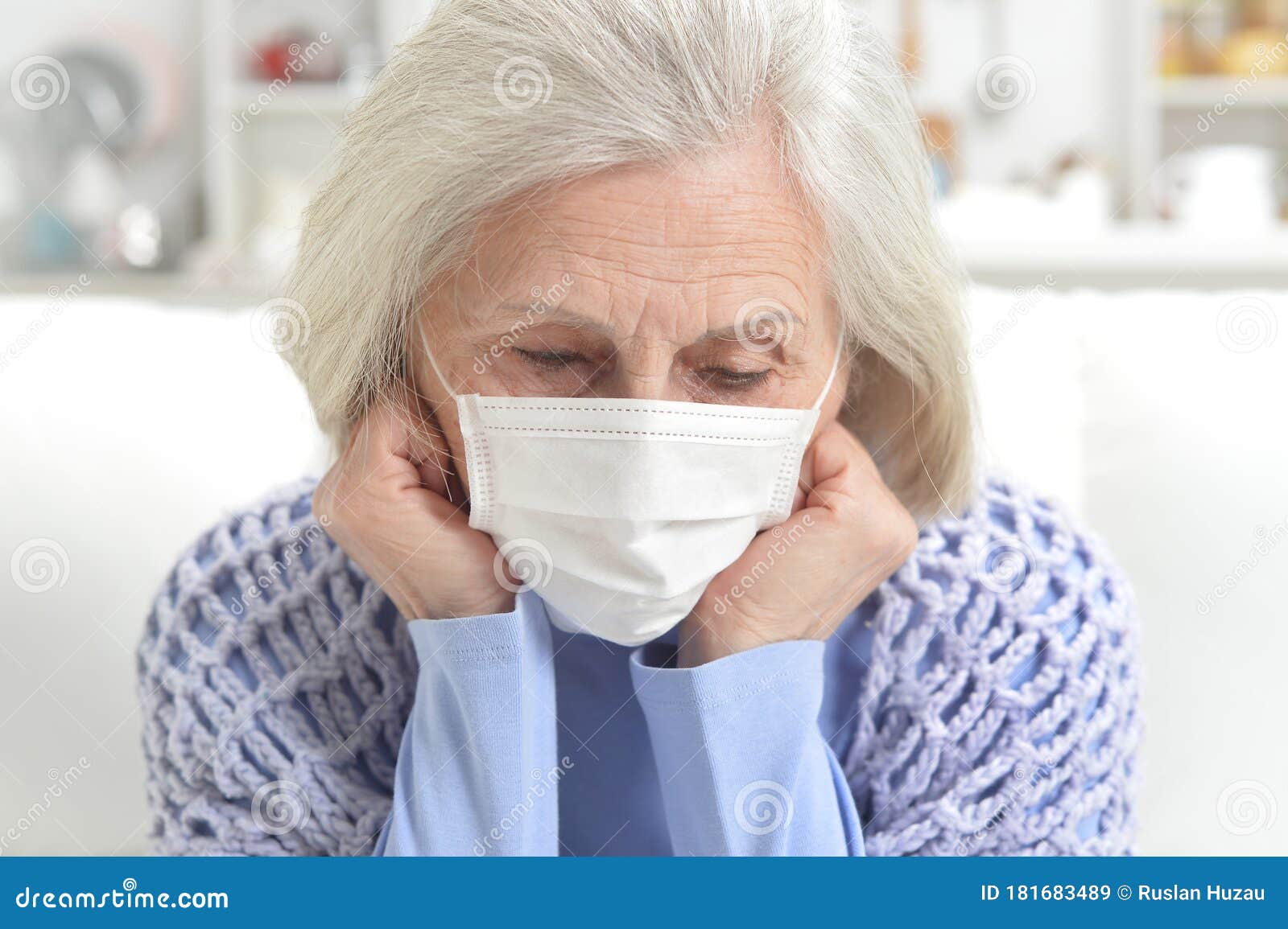 Portrait Of Ill Beautiful Senior Woman With Facial Mask Stock Image Image Of Casual Alone