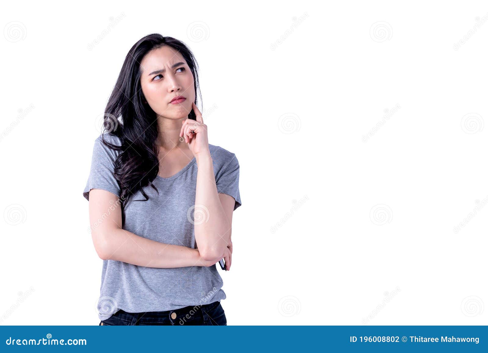 asian attractive woman standing and acting gestures using though