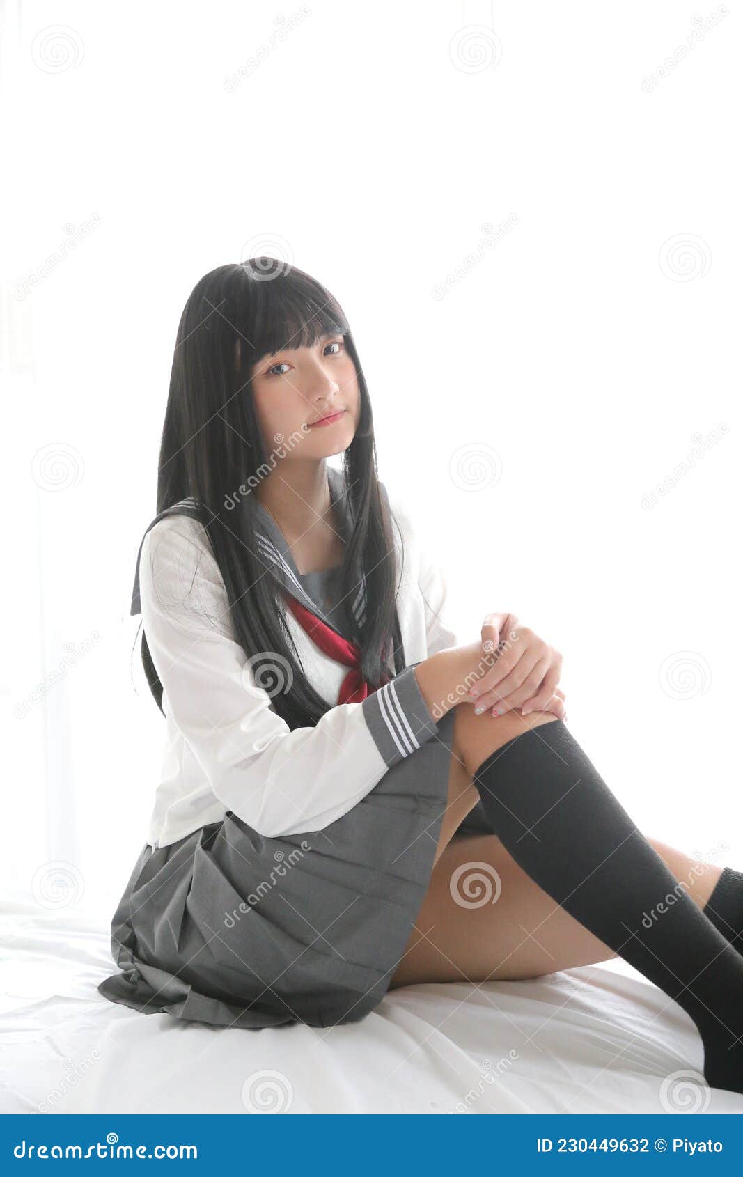 Portrait Japanese School Girl Sitting in White Tone Bedroom Stock Photo ...