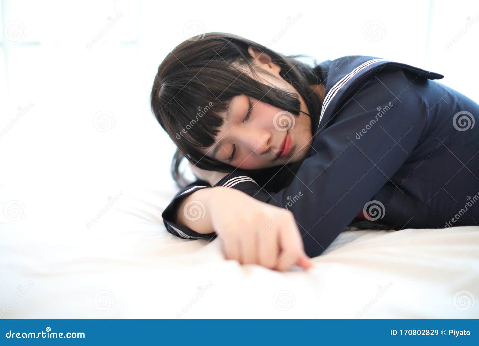 Portrait Japanese School Girl Sleeping In White Tone Bed Room Stock Image Image Of Hand