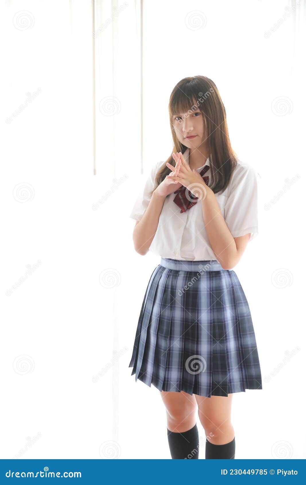 Portrait Japanese School Girl Uniform in White Tone Bed Room Stock ...