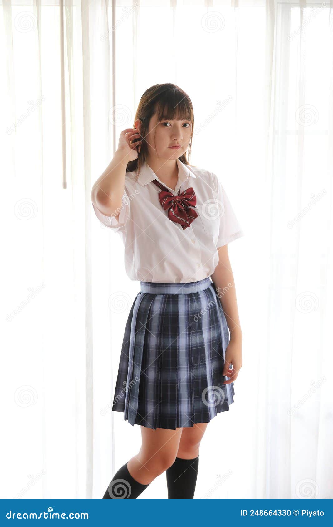 Portrait Japanese School Girl Uniform in White Tone Bed Room Stock ...