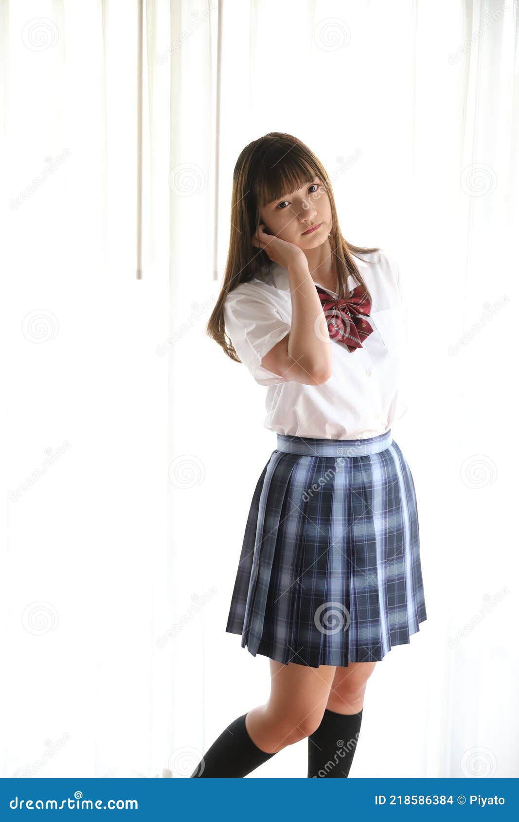 Portrait Japanese School Girl Uniform in White Tone Bed Room Stock ...