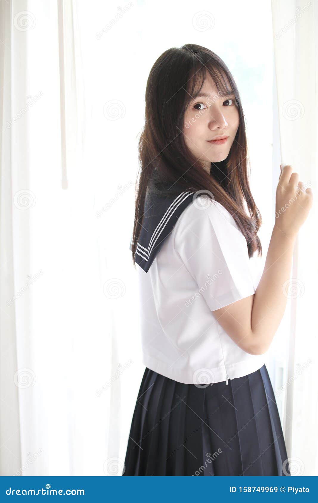 Portrait Japanese School Girl in White Room Stock Image - Image of hand ...