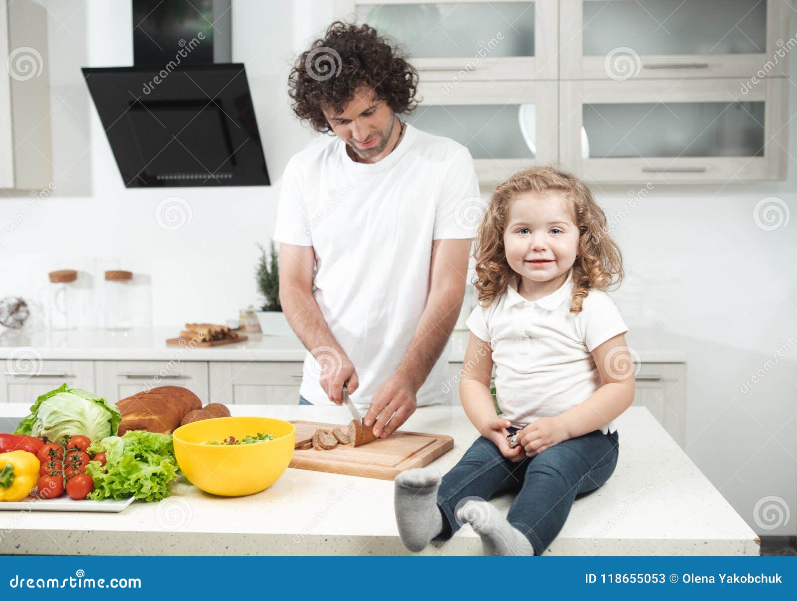 Cheerful Kid Watching Her Dad Cooking Stock Image - Image of healthy ...