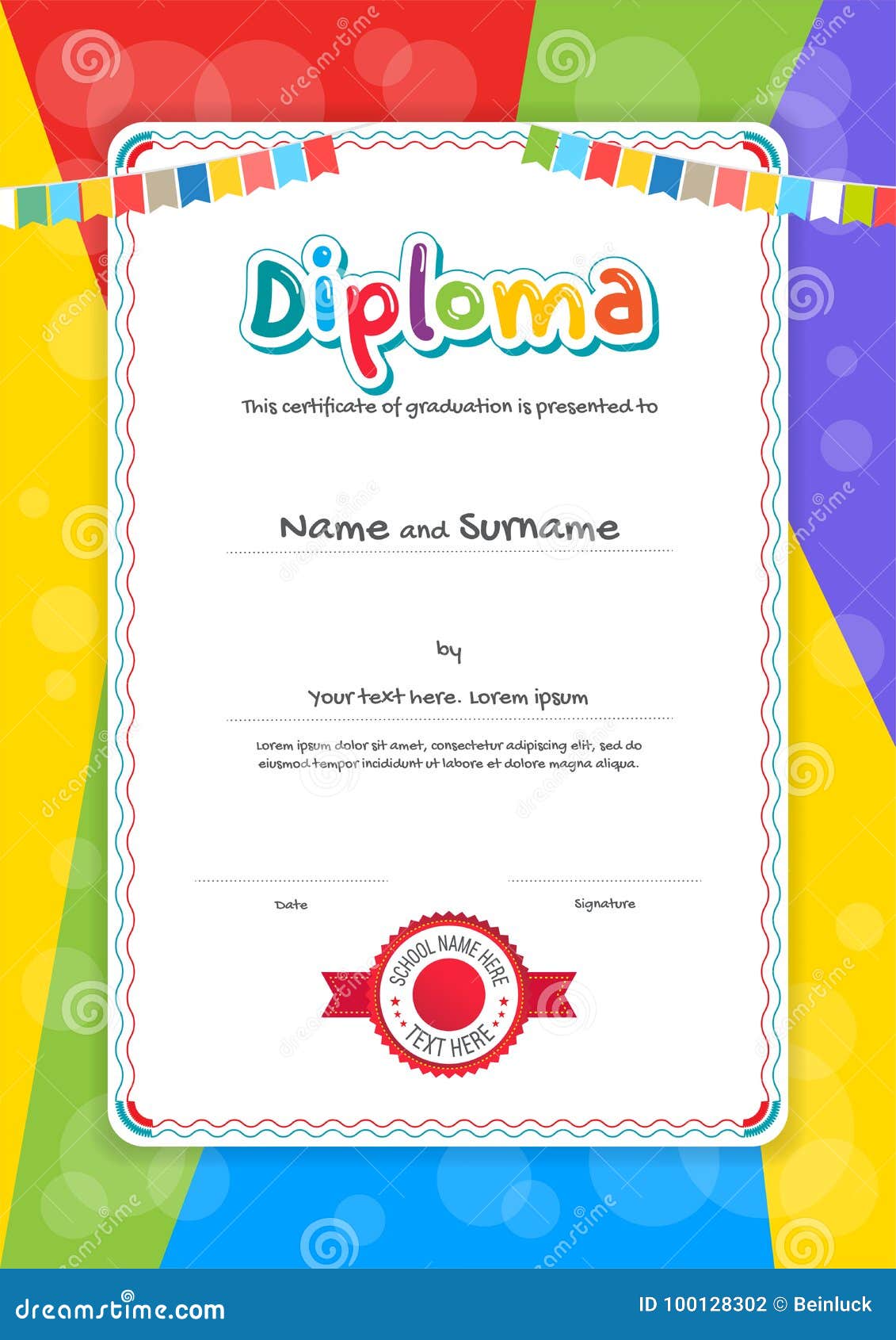 Portrait Kids Diploma or Certificate Template with Colorful Back Regarding Preschool Graduation Certificate Template Free