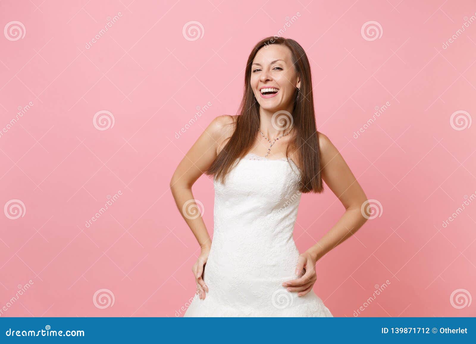 Portrait of Laughing Happy Bride Woman in Elegant White Wedding Lace ...