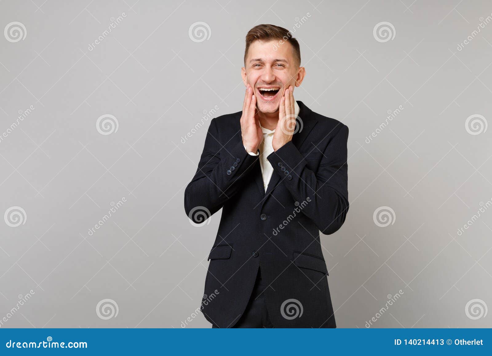 Portrait of Laughing Young Business Man in Classic Black Suit White ...