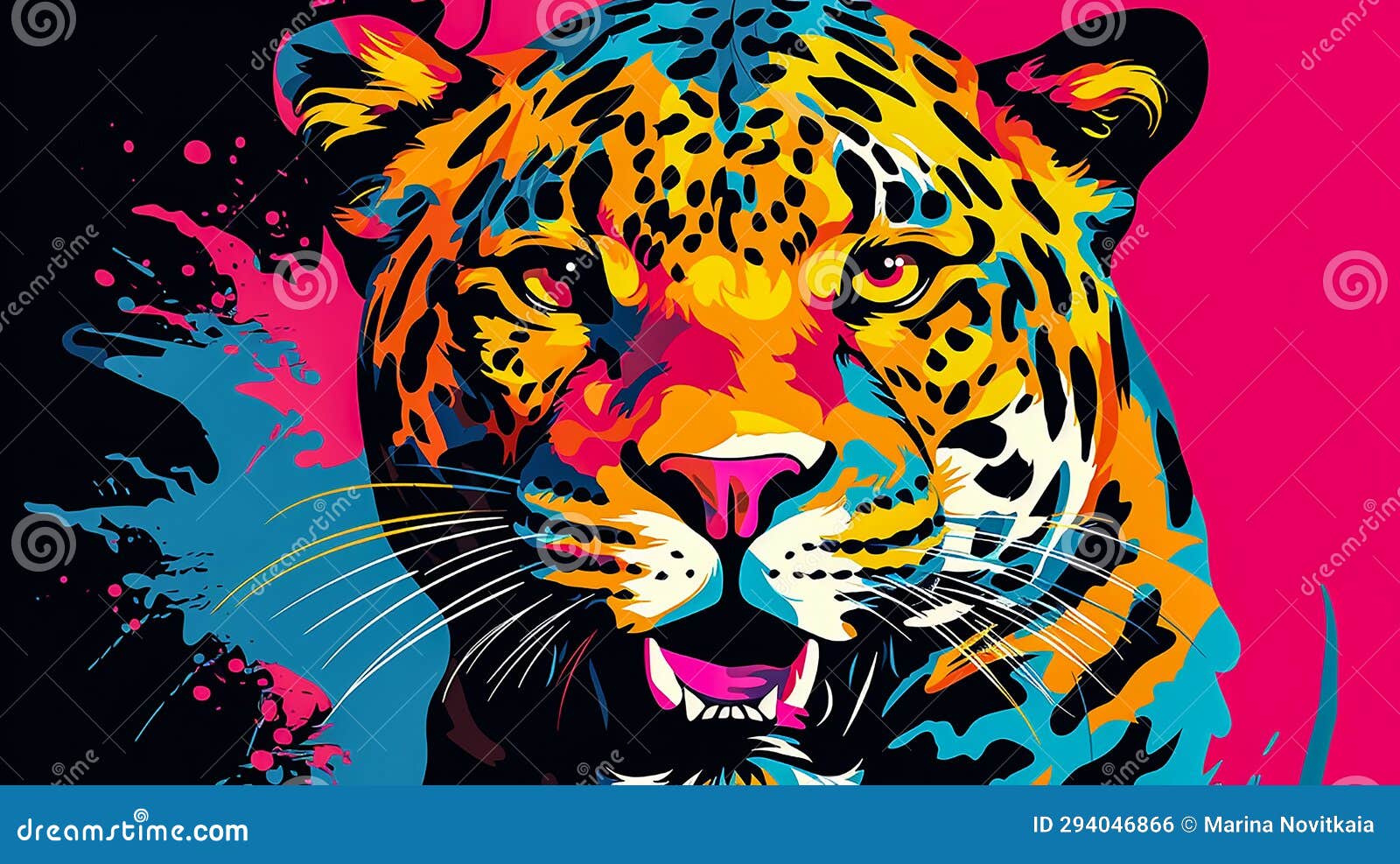 portrait of a leopard in the style of pop art. the power and strength of a beautiful predator. expressive look. bright