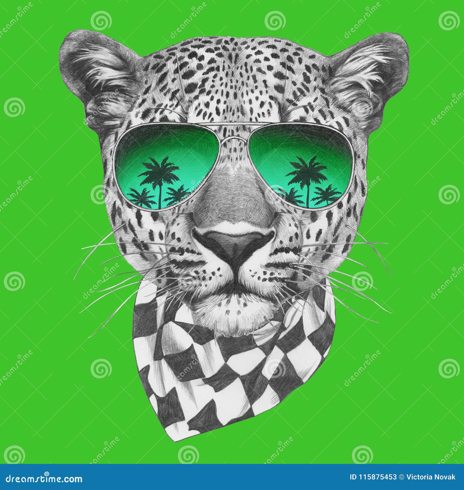 Portrait of Leopard with Sunglasses and Scarf. Hand-drawn Illustration ...