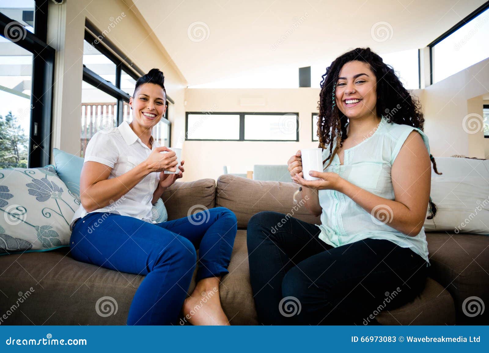 Portrait Of Lesbian Couple Having A Cup Of Coffee Stock Image Image Of Length Beverage 66973083