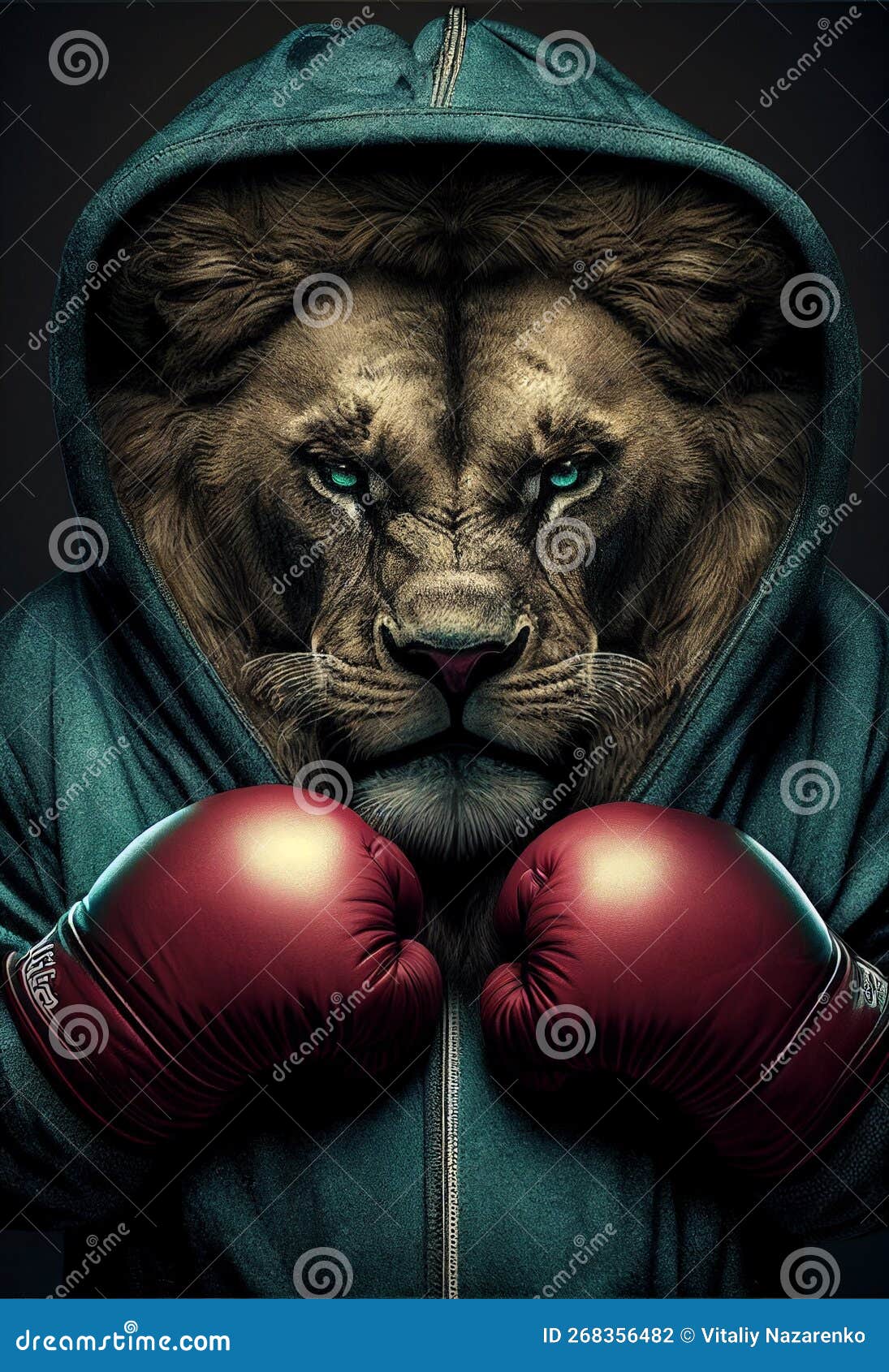 Portrait of a Lion in a Tracksuit and Boxing Gloves. AI Generated
