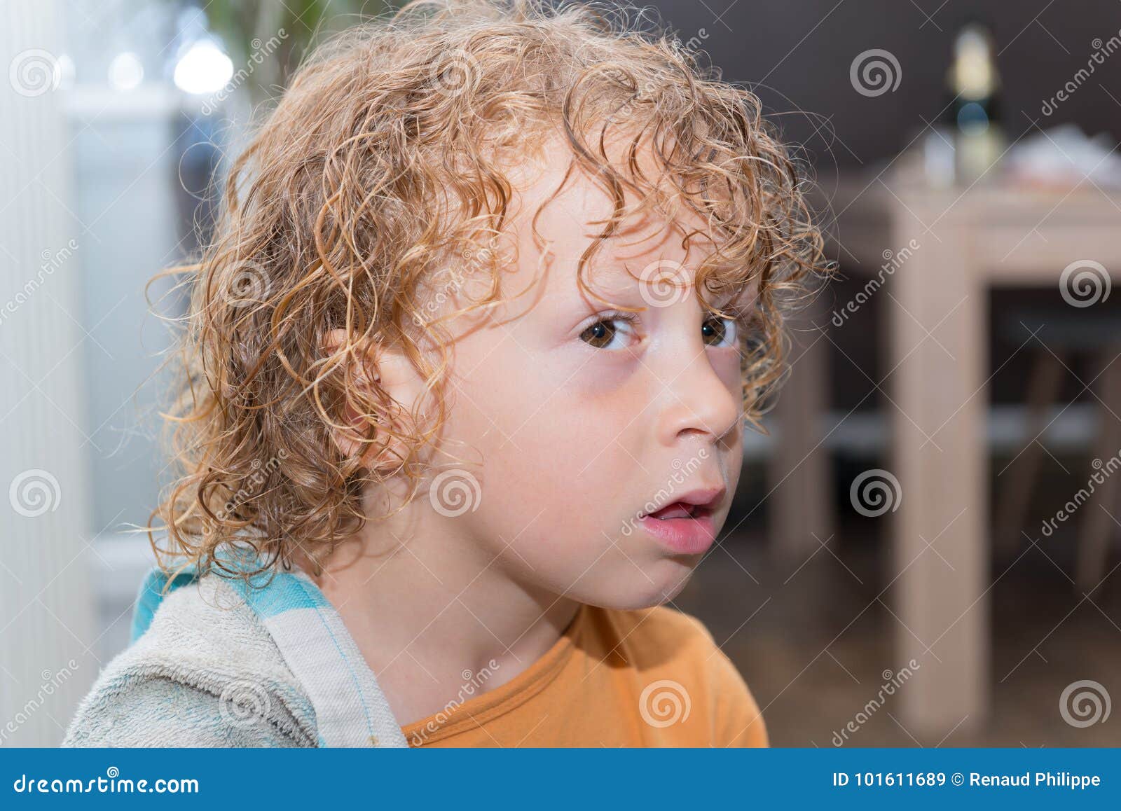 Portrait Of Little Boy With Blond And Curly Hair Stock Image