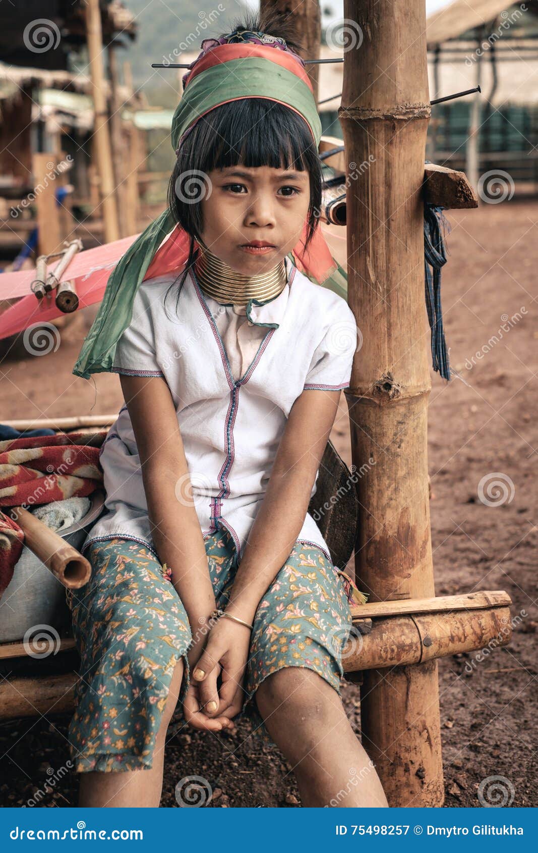 Portrait of Little Girl from Padaung (Karen) Hill Tribe Editorial