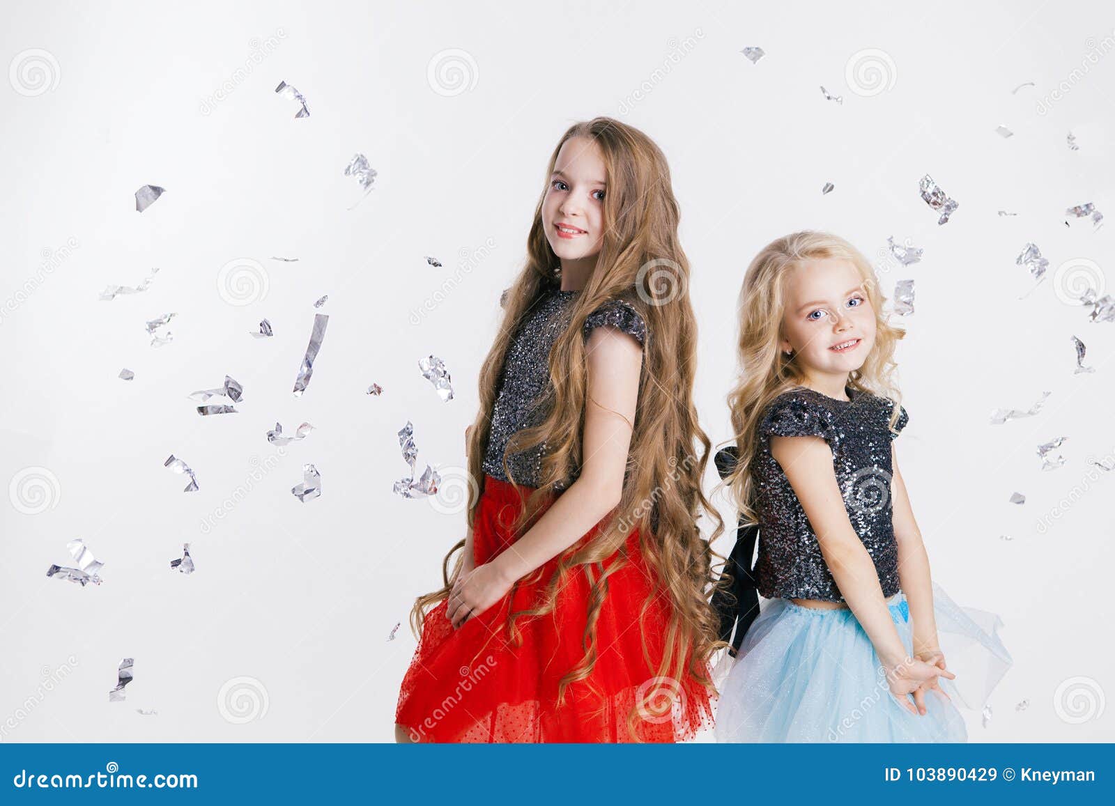 Portrait of Little Girls with Curly Hairstyle Standing on the Holiday Party  in Dress with Sequins. Concept Celebration Stock Image - Image of  childhood, colorful: 103890429