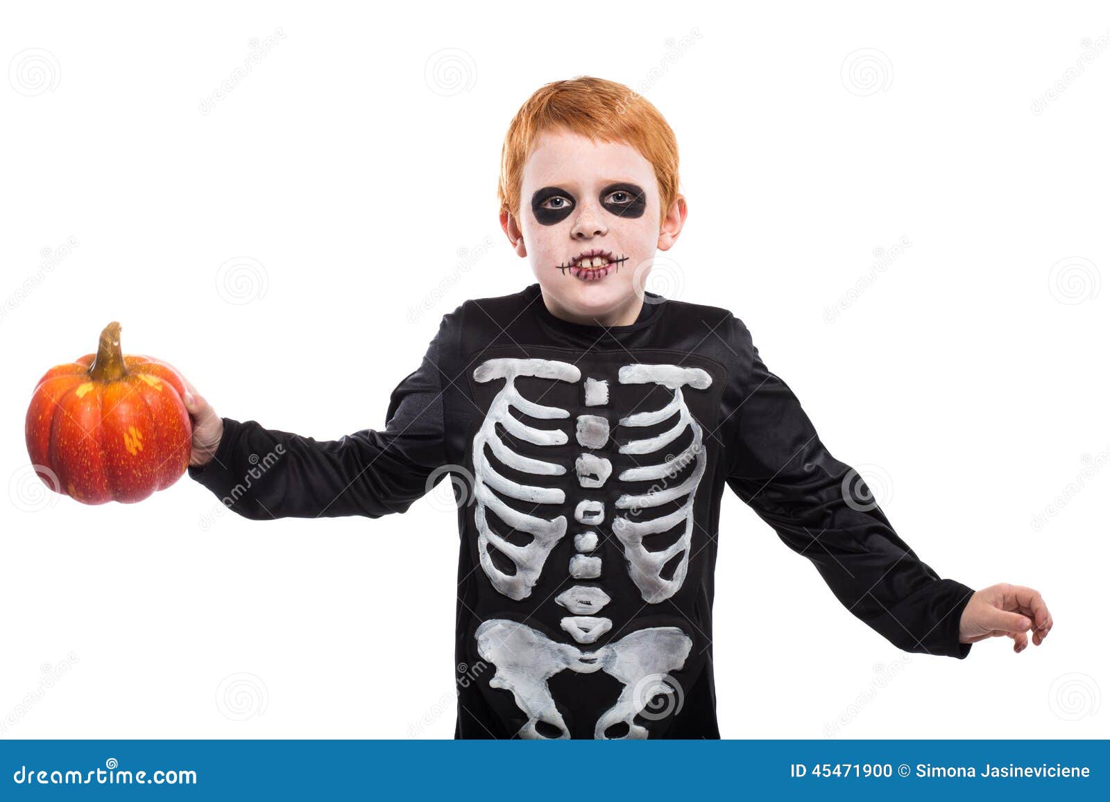 Portrait of Little Red Haired Boy Wearing Halloween Skeleton Costume ...