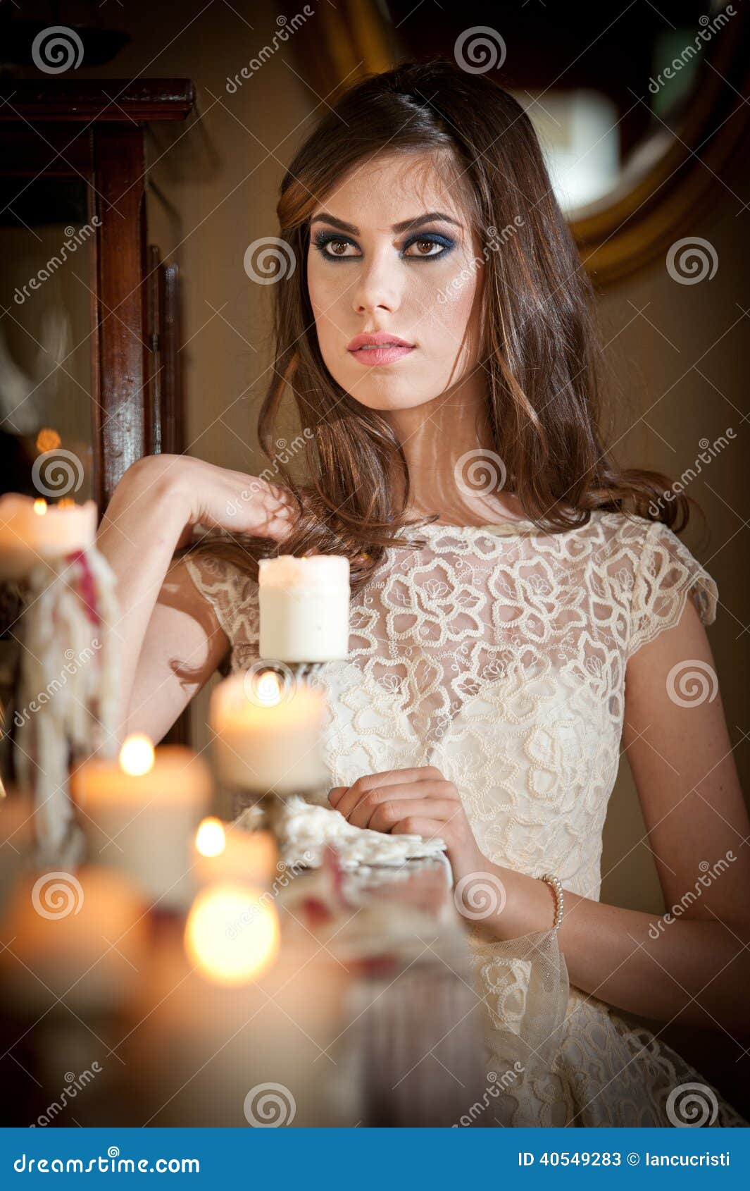 Portrait Of Long Hair Brunette Girl Posing In Luxury Scenery Stock Image Image Of Candle 