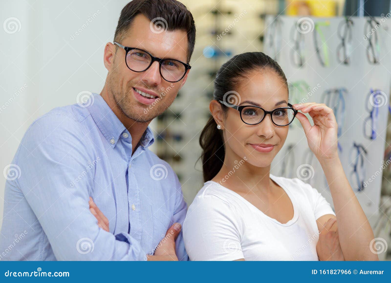 Portrait Male and Female Workers in Opticians Stock Photo Image of race, accessory 161827966