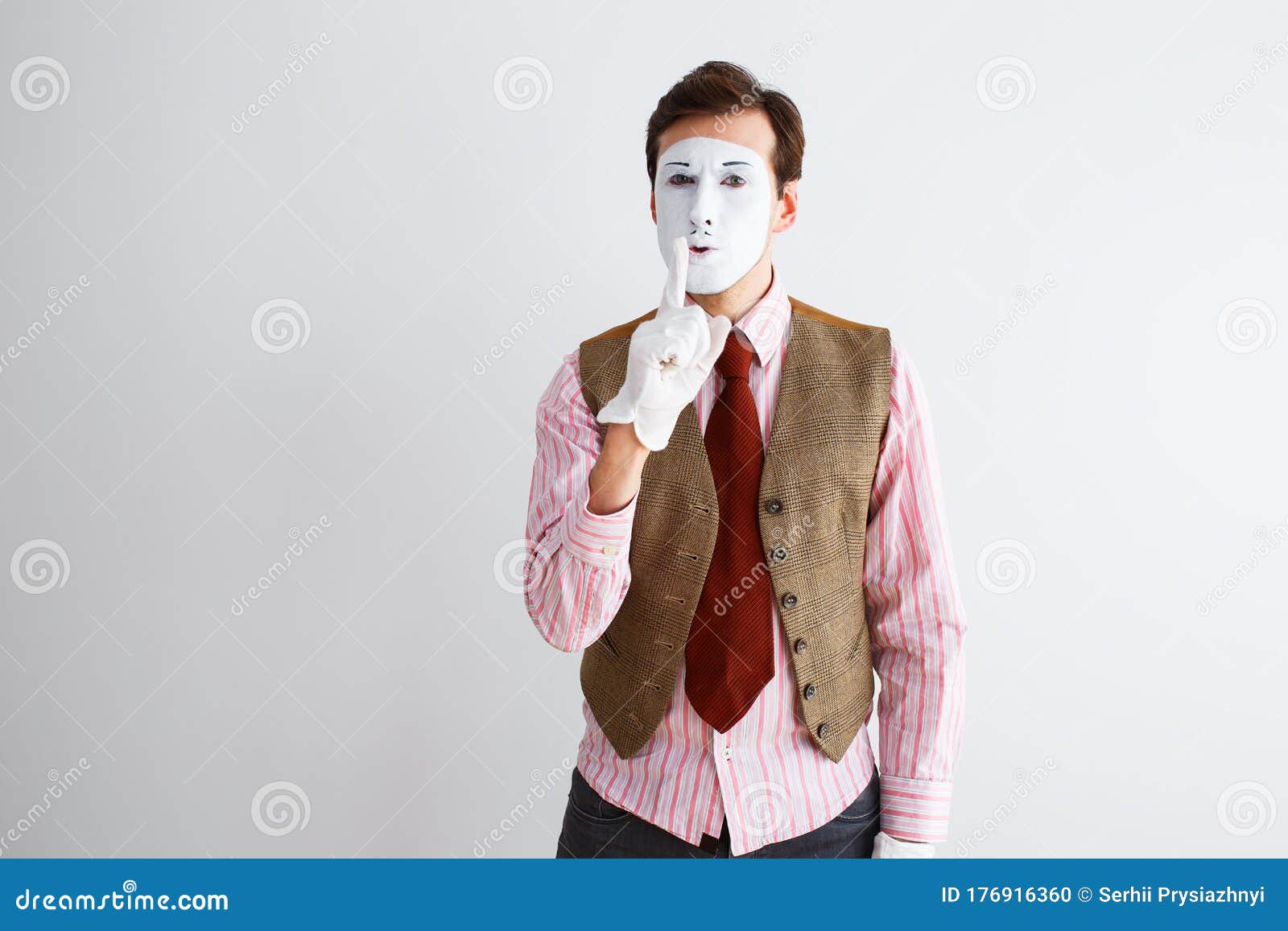 Portrait of Man, Actor, Pantomime, Man Making Finger Gesture Quieter ...