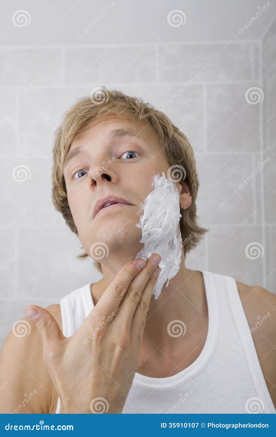 Portrait of Man Applying Shaving Cream in Bathroom Stock Image Image
