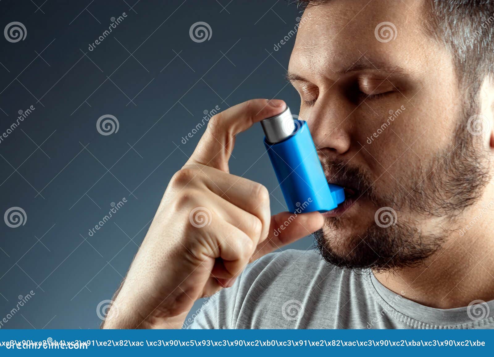 portrait of a man with an asthma inhaler in his hands, an asthmatic attack. the concept of treatment of bronchial asthma, cough,