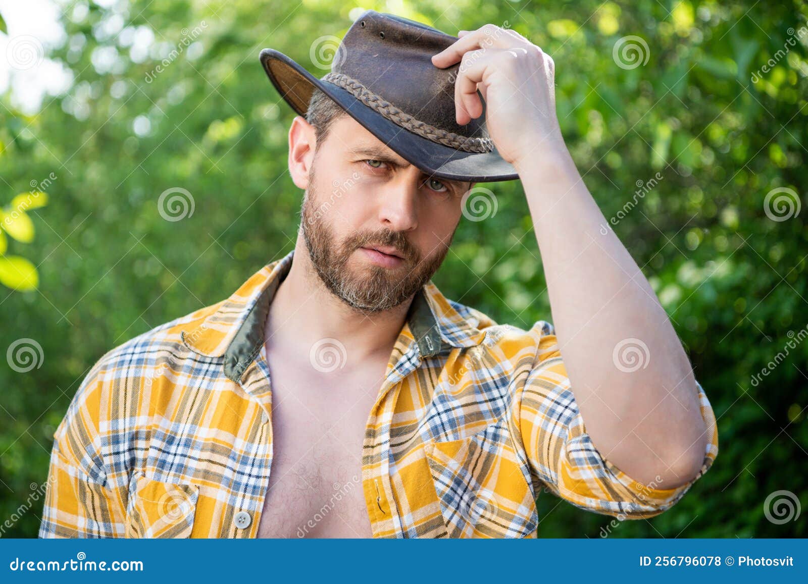Portrait of Man in Cowboy Hat. Cowboy in Checkered Shirt Stock Photo ...