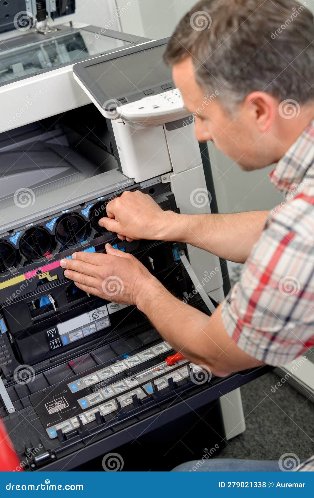 Portrait Man Fixing Photocopier Stock Photo Image of technician, male