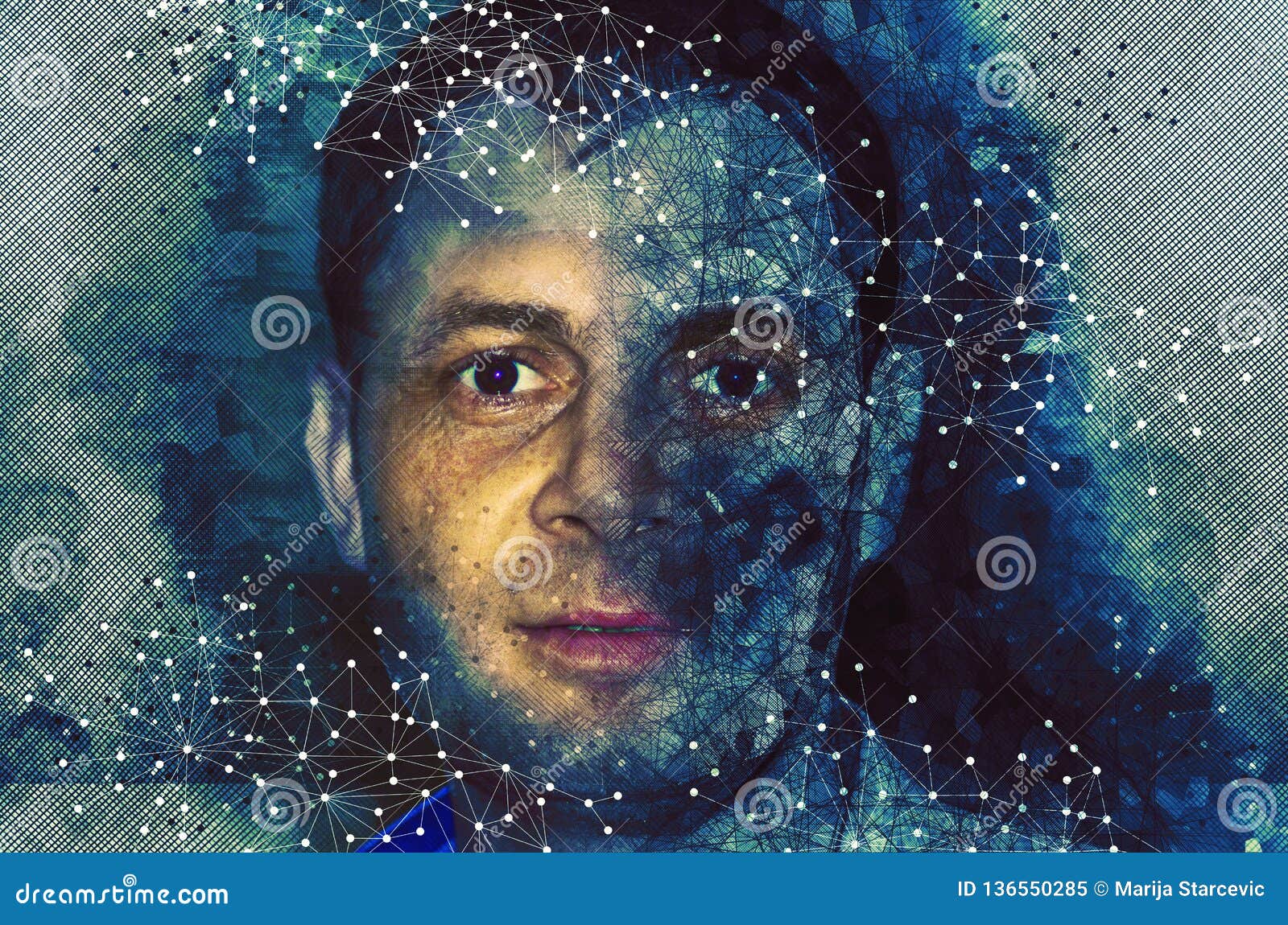 portrait of a man with polygonal s , ciborg look - artificial intelligence and mind concept