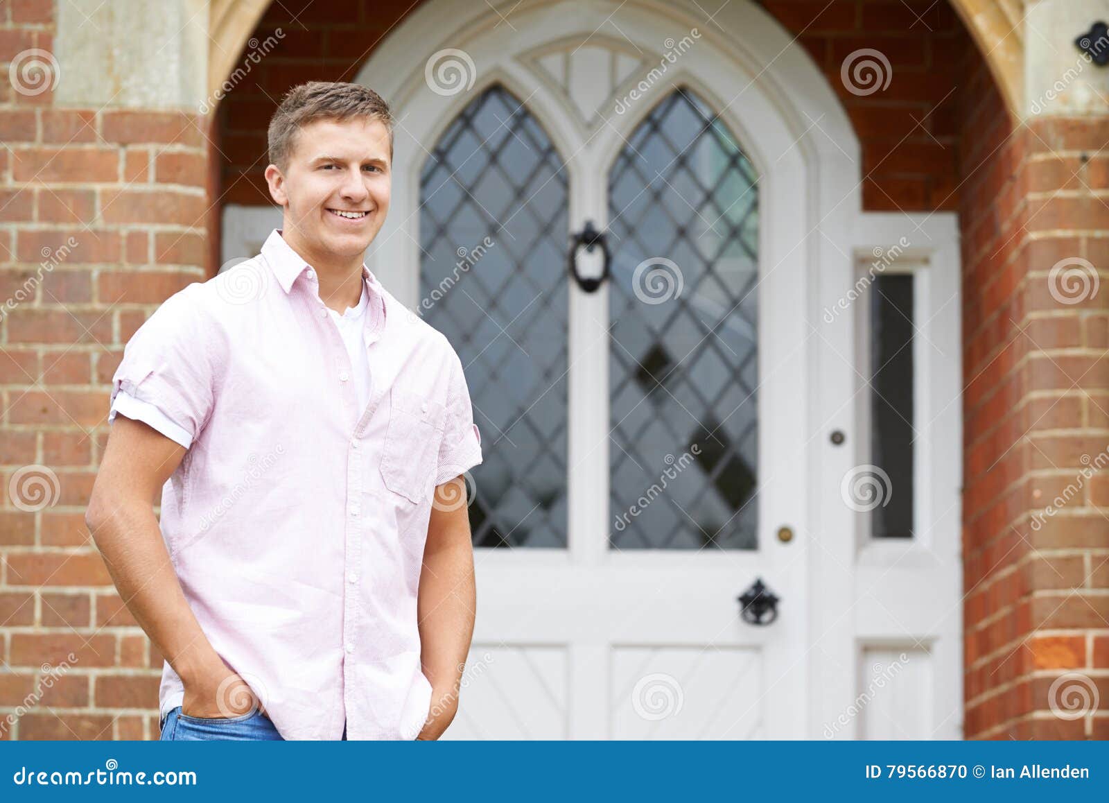 Portrait of Man Standing Outside Front Door of Home Stock Photo ...