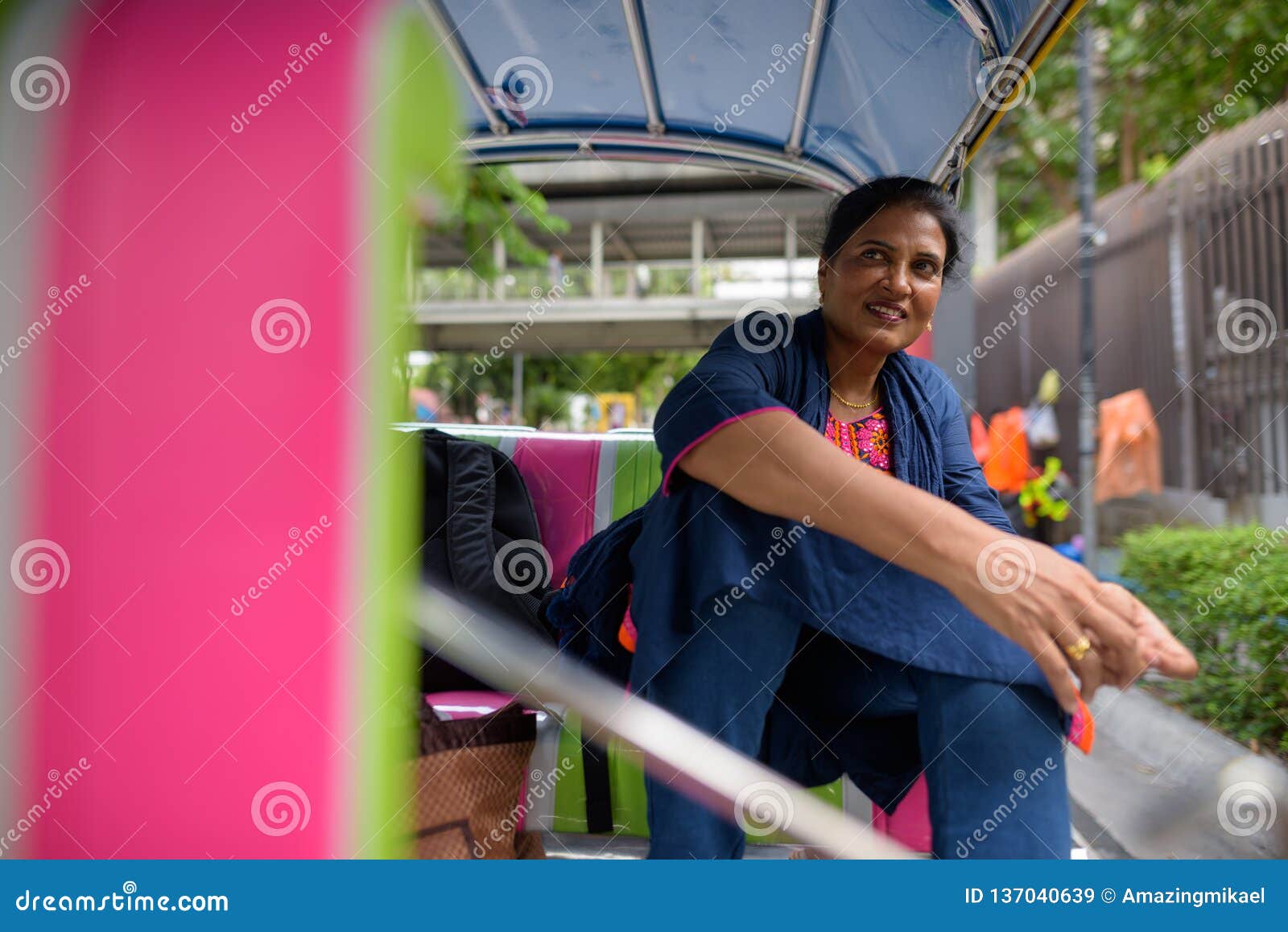 Mature Beautiful Indian Woman Sitting in Tuk Tuk Stock Image - Image of
