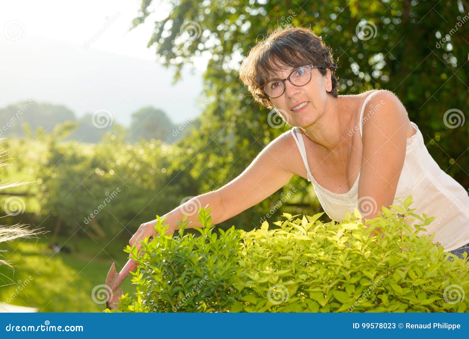 Portrait Of A Middle Aged Brunette Woman With Eyeglasses Outdoor Stock