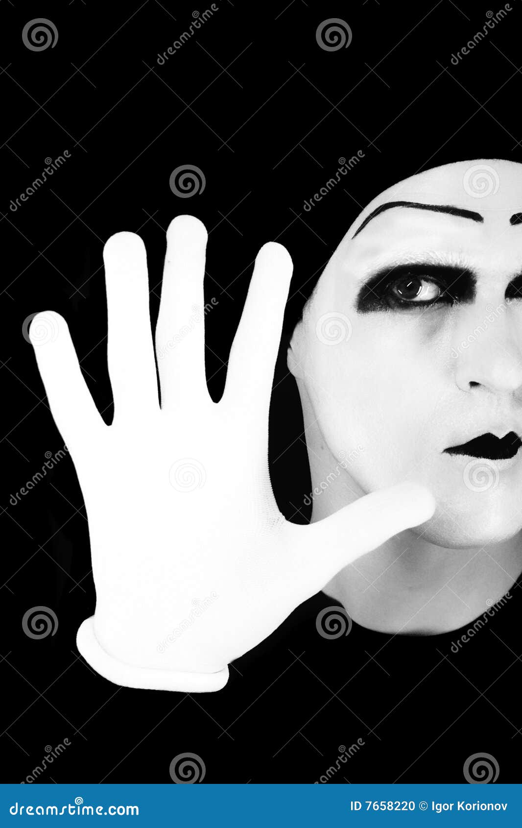 Portrait of the Mime in White Gloves. Stop it. Stock Photo Image of