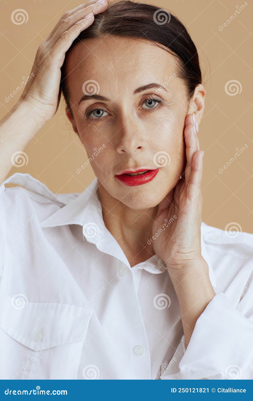 Modern Woman In White Shirt On Beige Background Stock Image Image Of Isolated Human 250121821