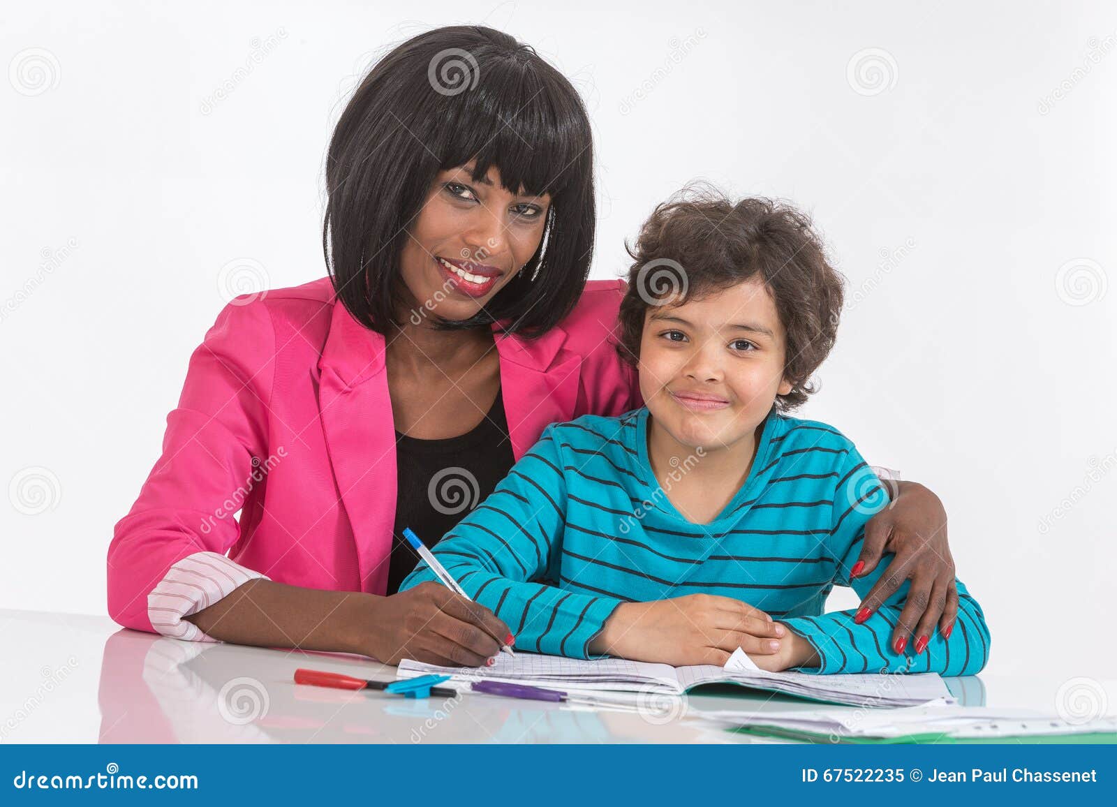 Portrait Of Mom Helping Son With Homework Stock Image Image Of