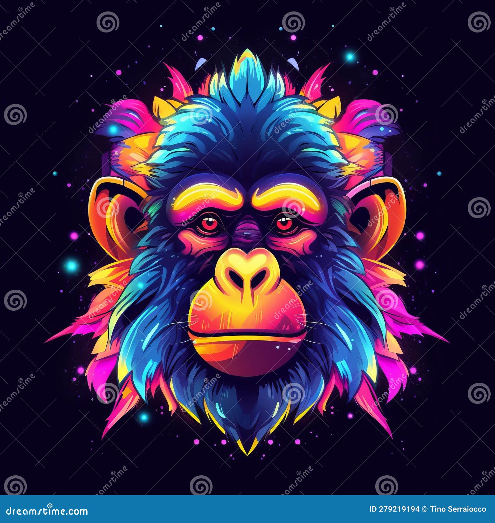 portrait of a monkey in neon color with black background colorefull,generated with ai.