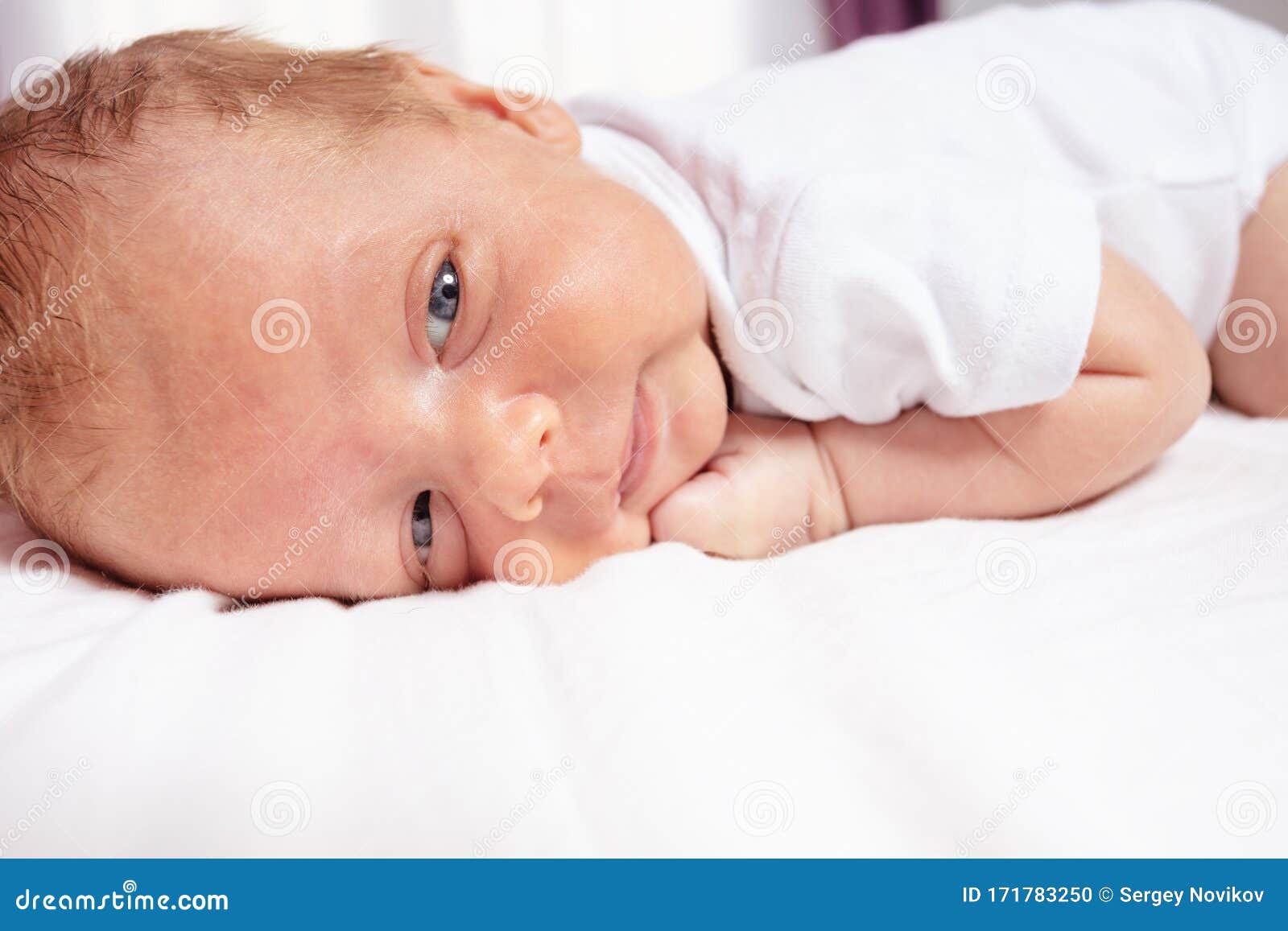 Close Portrait Of Newborn Baby Boy Lay On Belly Stock Photo Image Of