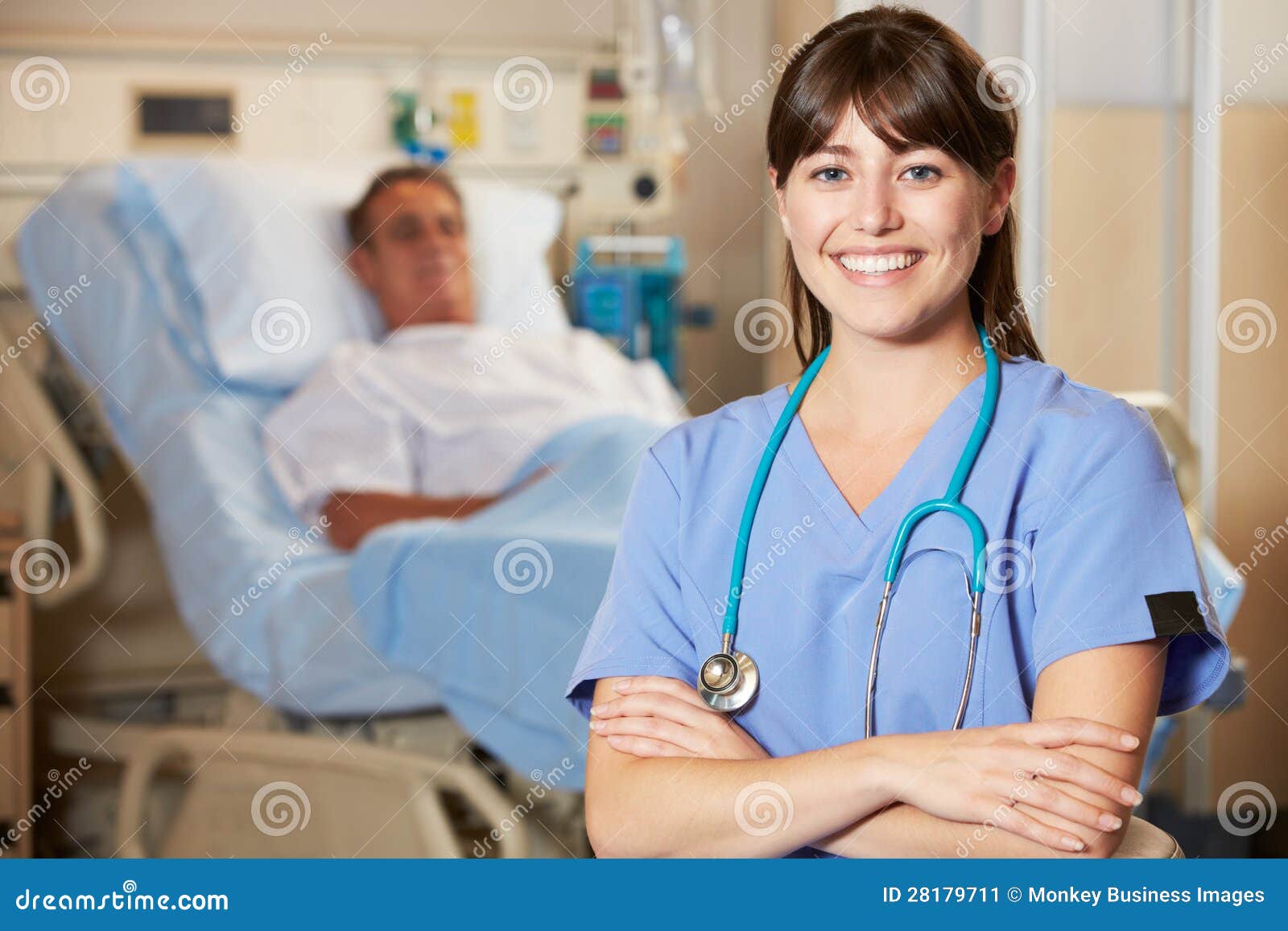 portrait of nurse with patient in background