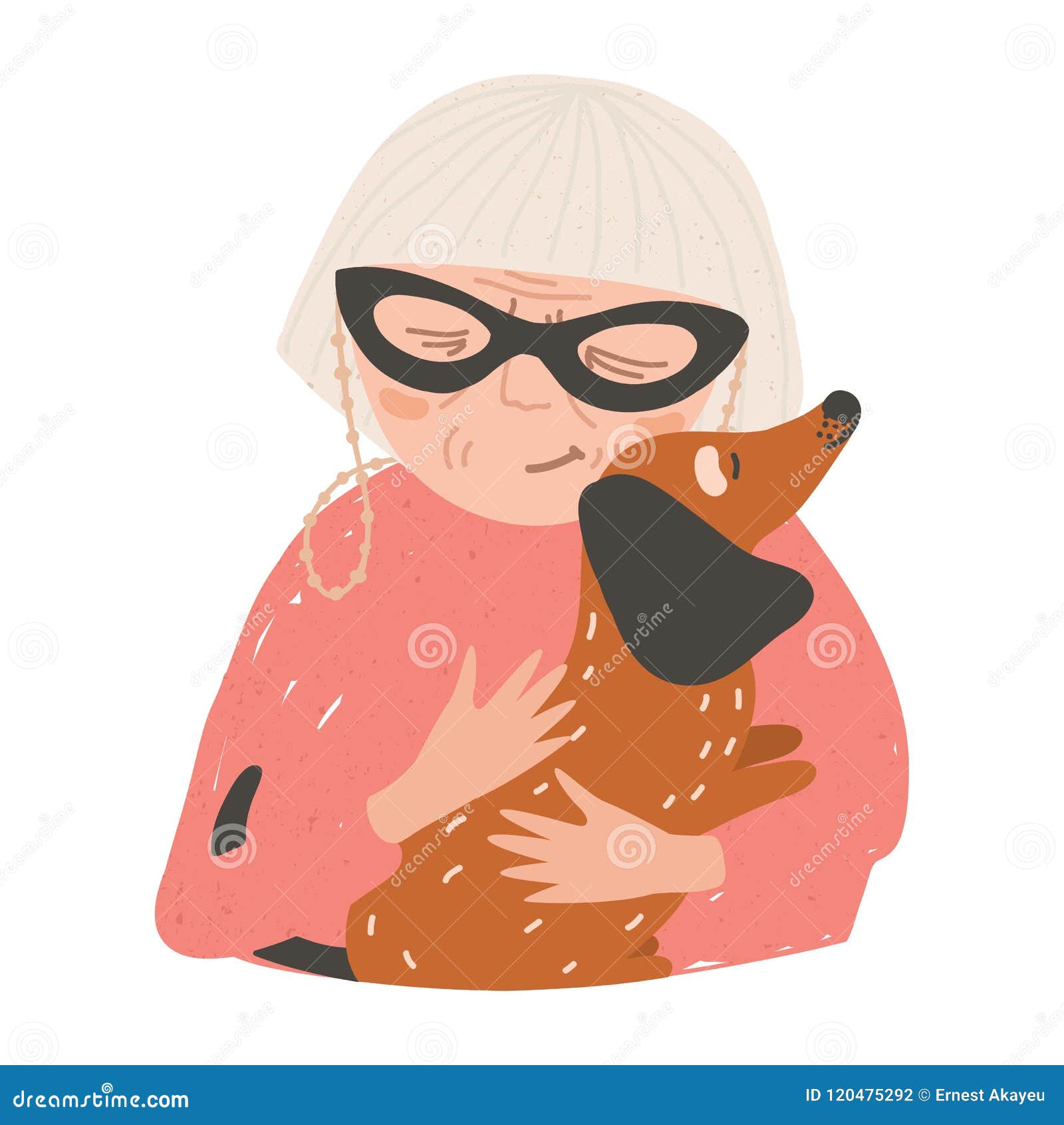 Portrait of Old Lady or Woman Holding His Dachshund Dog and Hugging.  Beautiful Female Cartoon Character Embracing Stock Vector - Illustration of  graphic, adult: 120475292