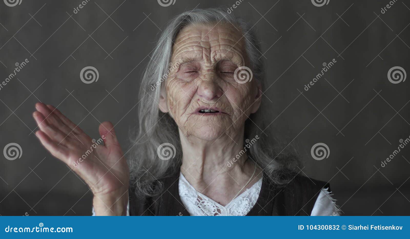 Portrait Of Old Woman With Grey Hair Telling Story And Gesticulating Hands Stock Footage Video Of Background Distraught