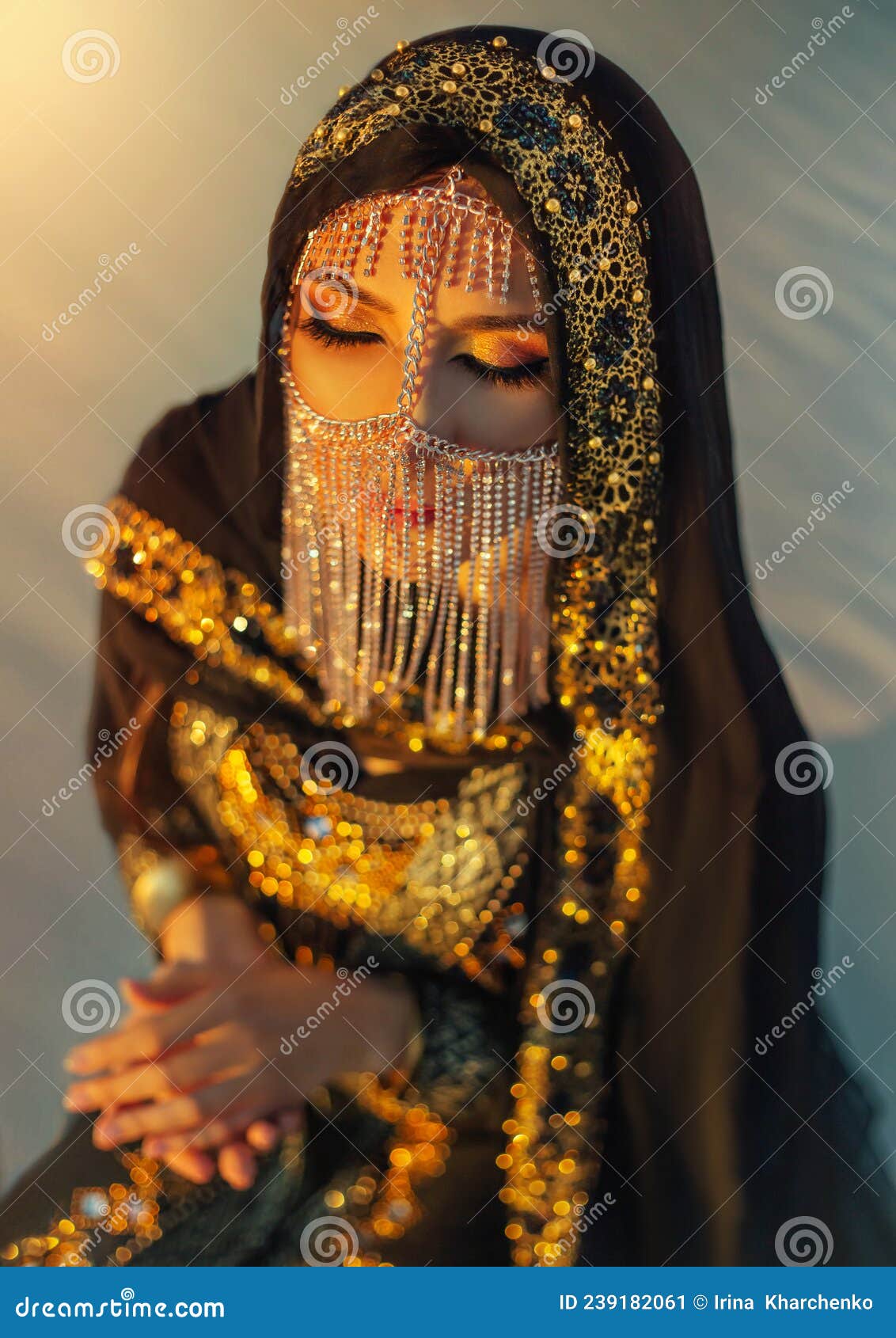 Arab Hijab Sex Girls - Portrait Oriental Woman Sit on Sand Desert at Sunset. Girl Face Hidden by  Gold Veil Head Covered Scarf Stock Image - Image of hijab, clothes:  239182061