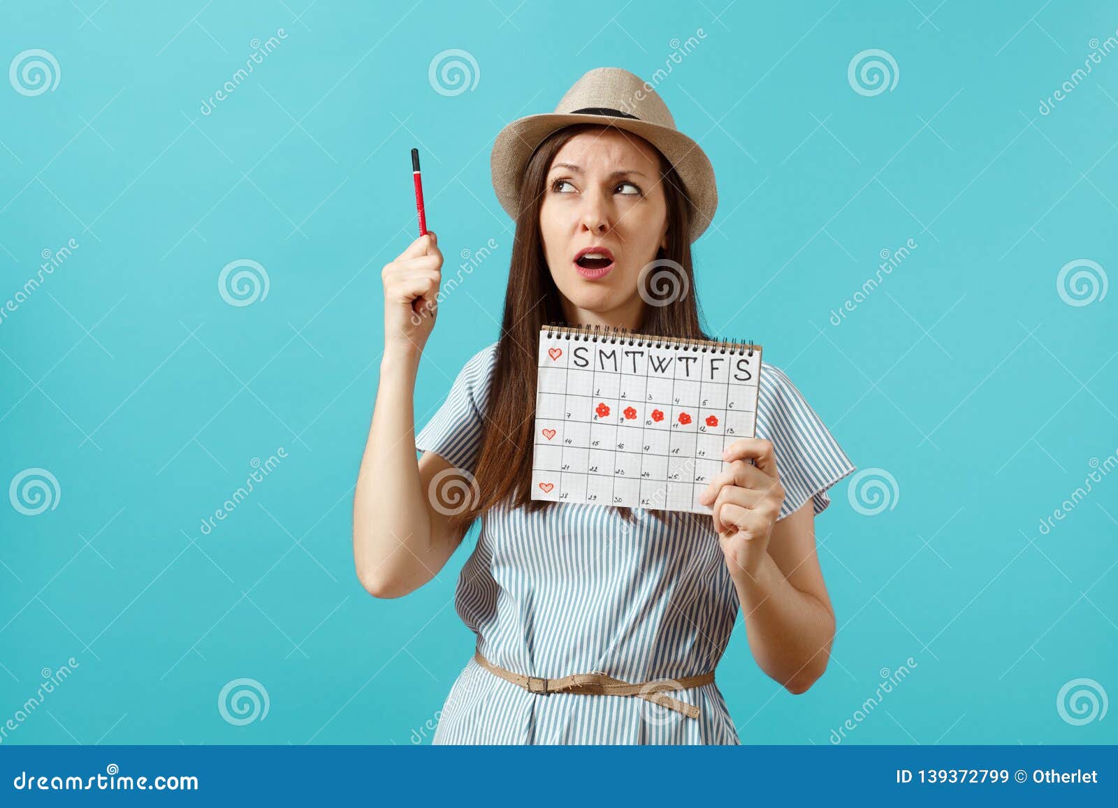 Portrait Pensive Woman In Blue Dress Hat Holding Red Pencil Female