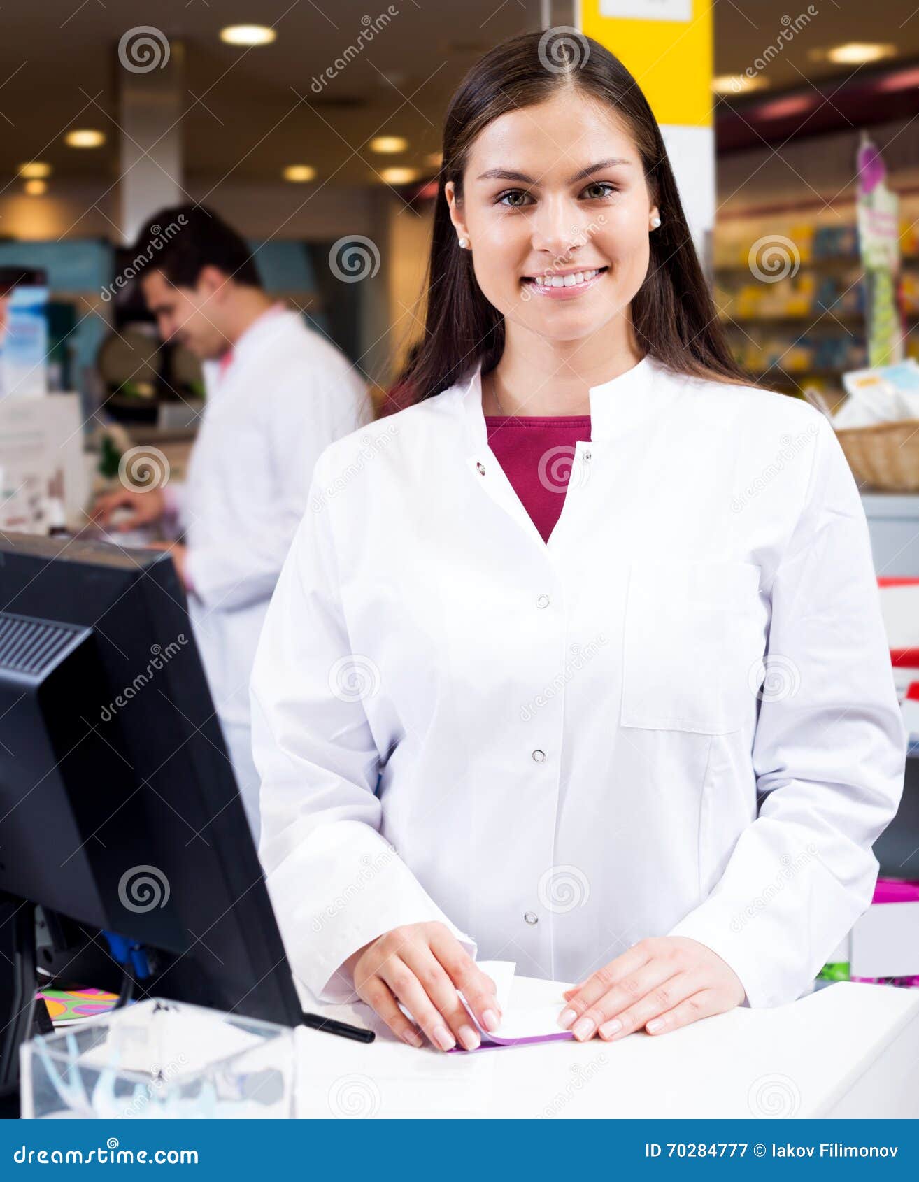 Portrait of Pharmacist and Assistant Working Stock Image Image of