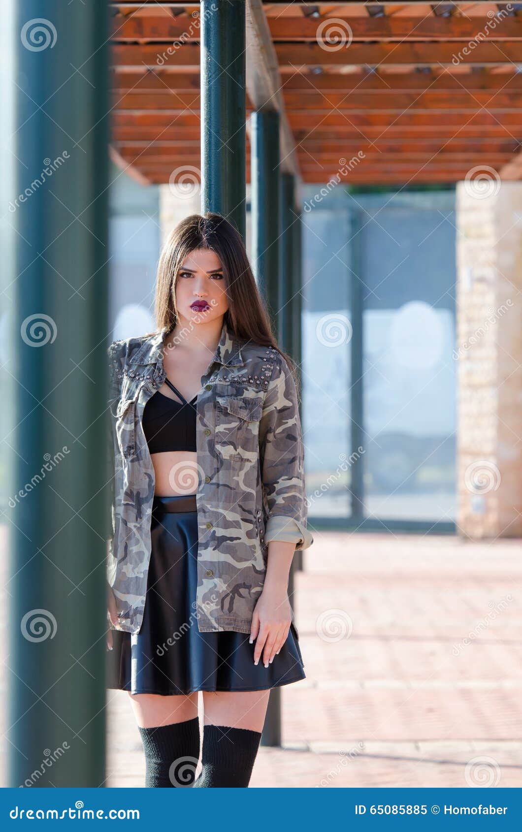 Portrait Photo of a Lady with Bold Purple Big Fleshy Lips Wear Army ...