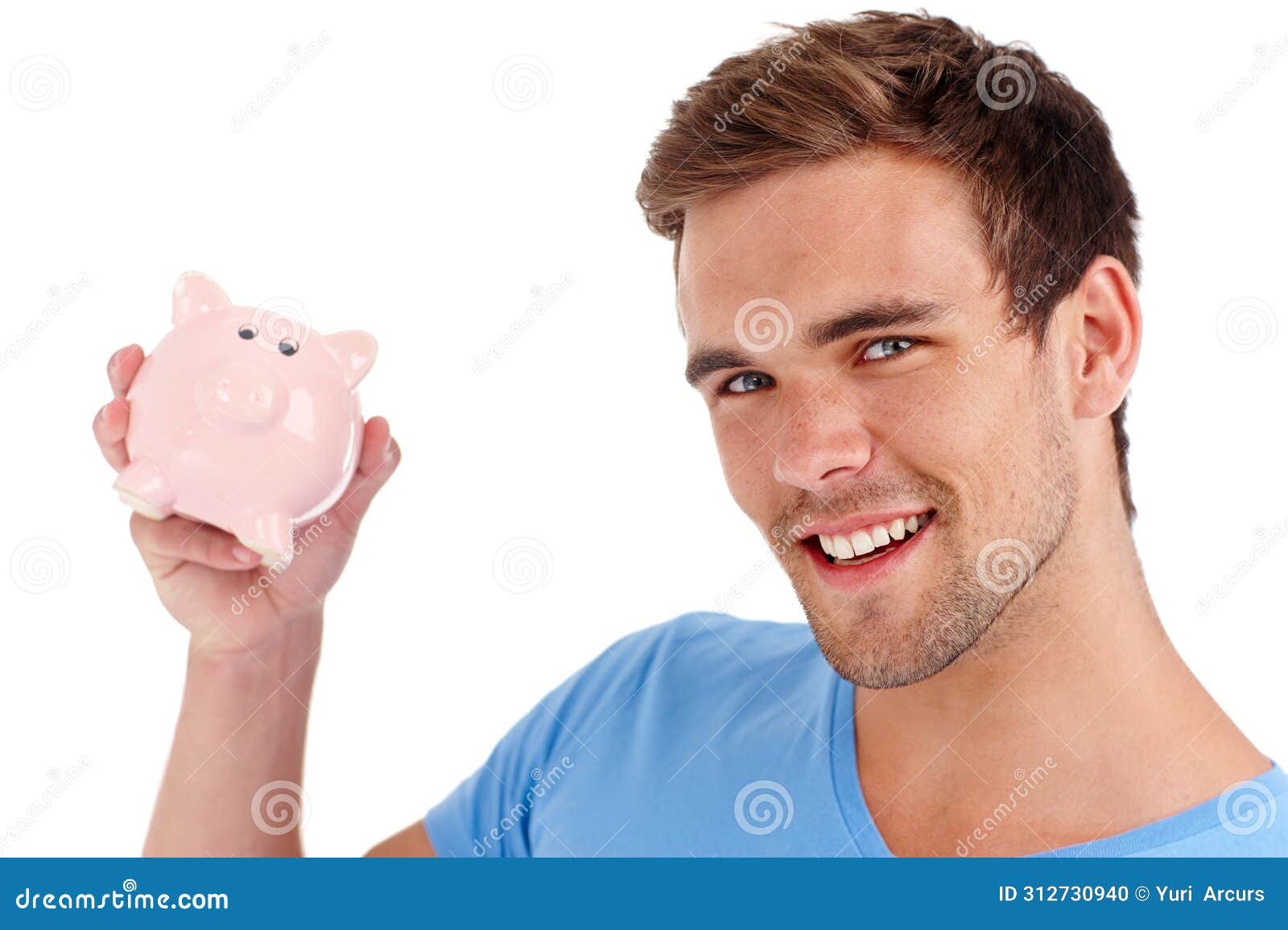 portrait, piggy bank and happy man in studio for finance, budget or investment. face, smile and person with money box