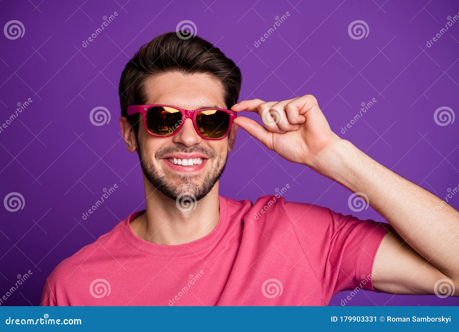 Portrait of Positive Candid Macho Man Touch Cool Stylish Specs Look ...