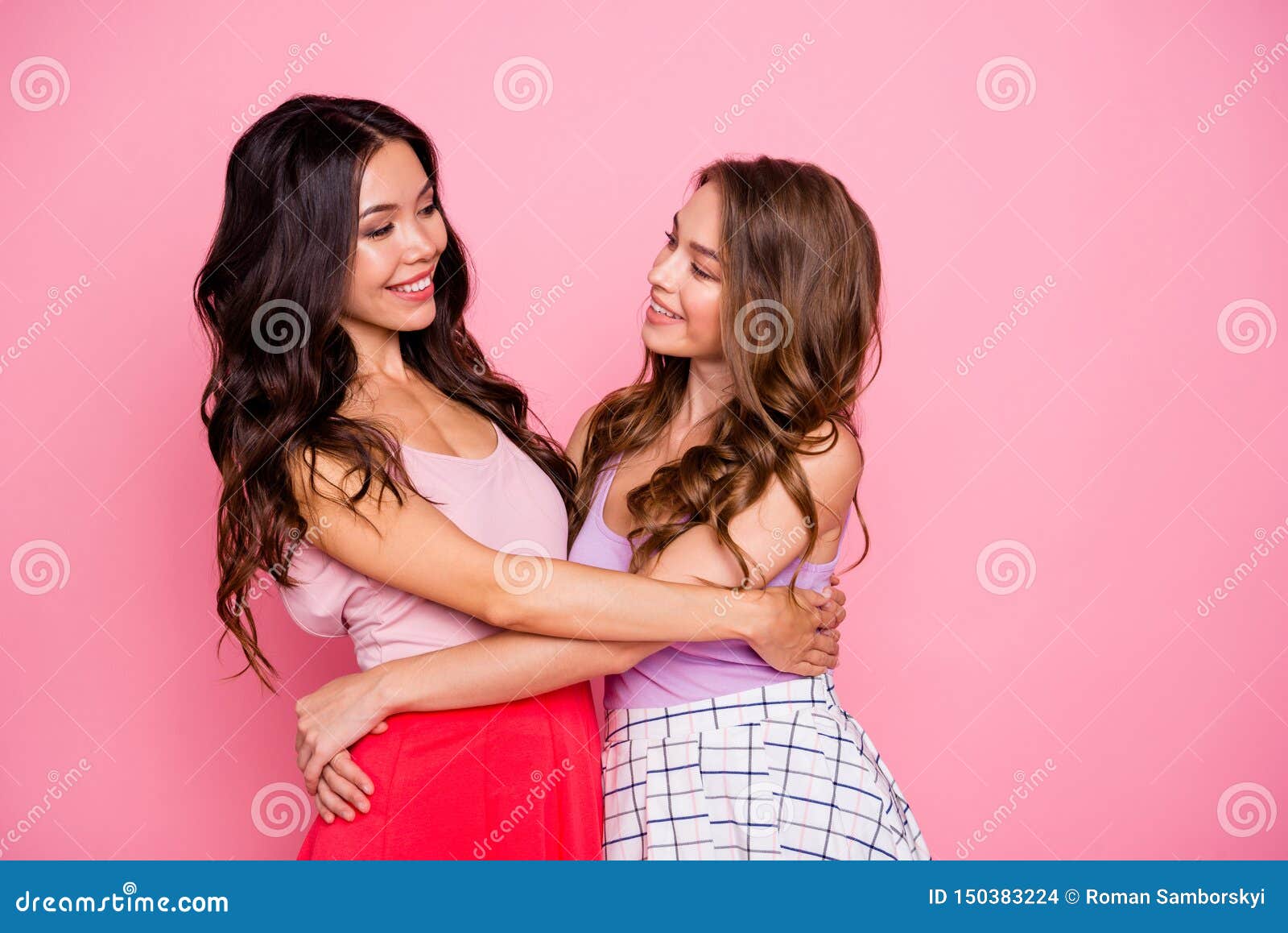 Portrait Of Positive Cheerful Dream Dreamy Ladies Cuddling Satisfied Look Relationship Content