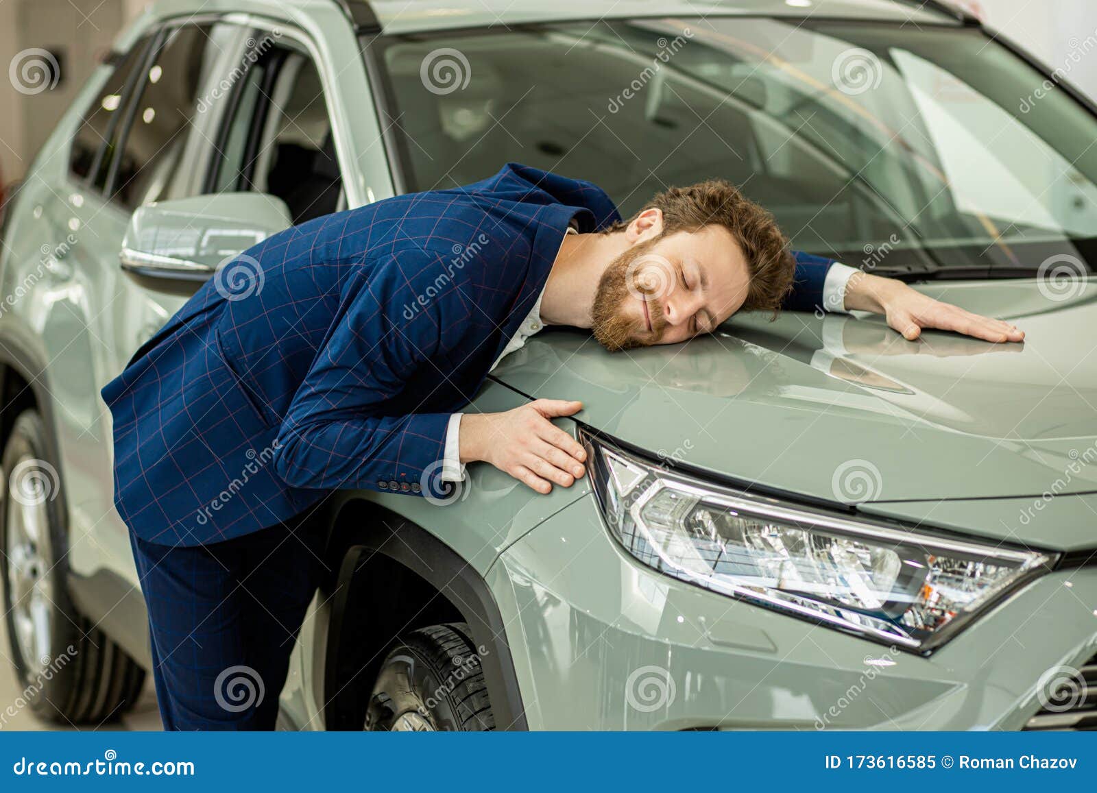 funny caucasian man buyer in dealership