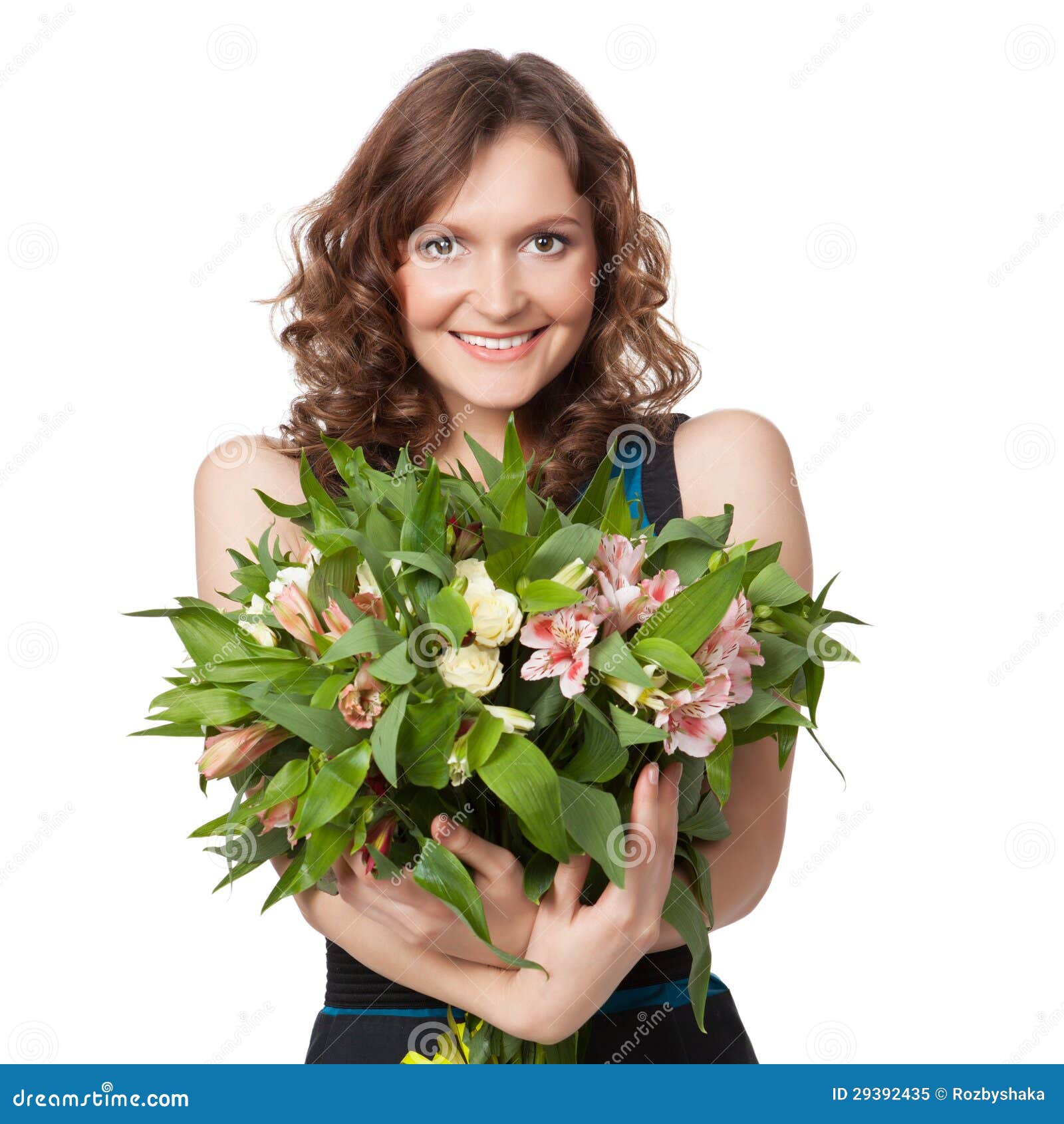 portrait pretty brunette holding bouquet flowers 29392435