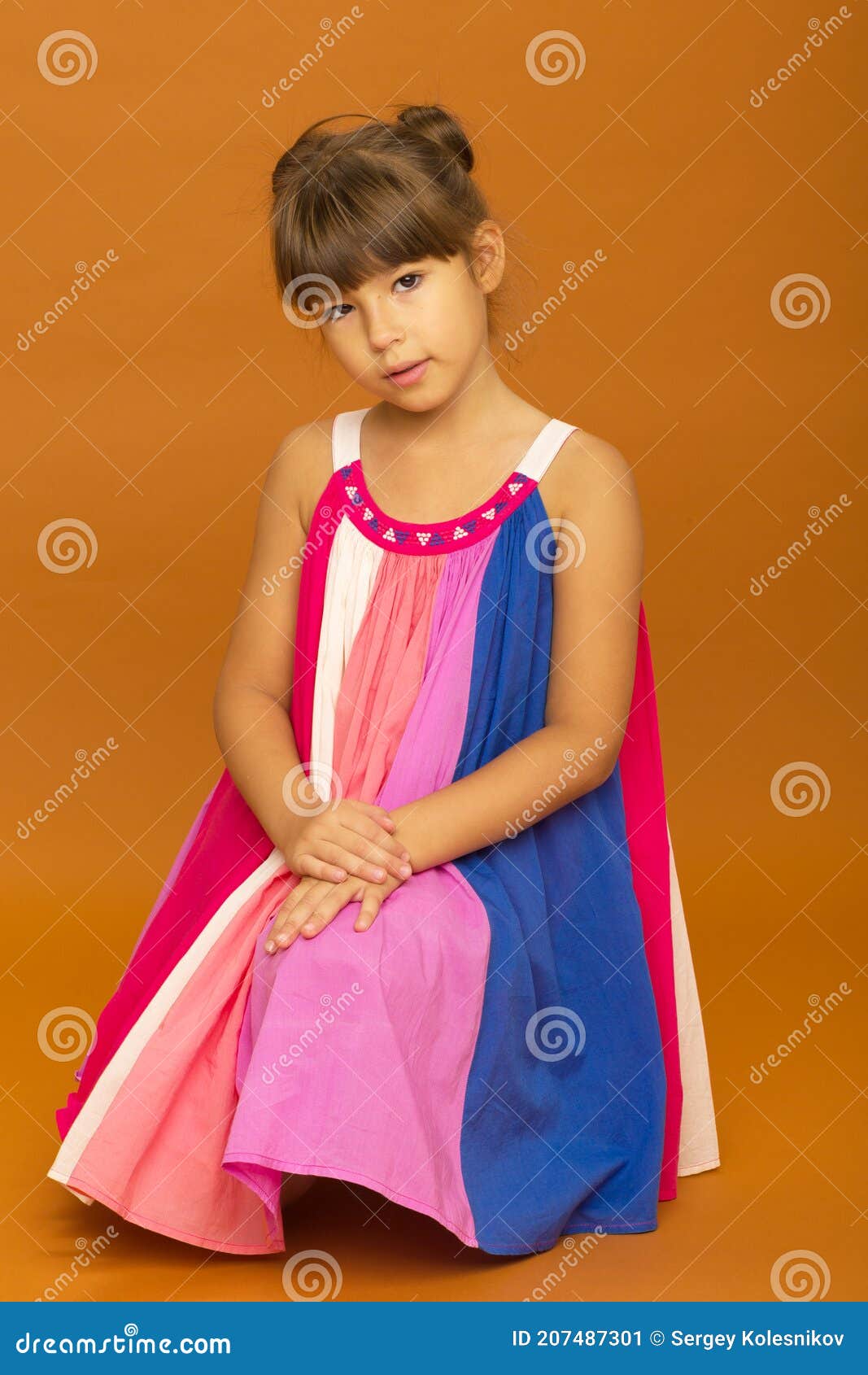 Portrait of Pretty Girl in Bright Wide Silk Dress Stock Image - Image ...