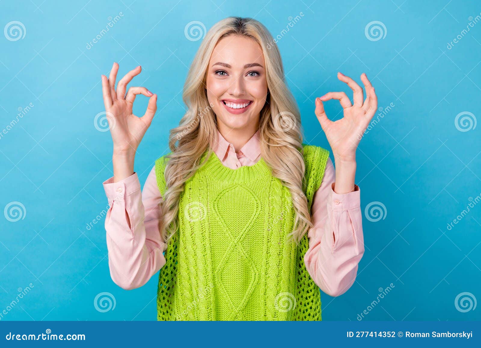 Portrait of Pretty Girl Worker Hold Hands Showing Okey Symbols Approve ...